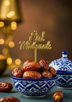 Festive Table Setting with Dates and Golden Topper for Islamic Holiday Celebration photo