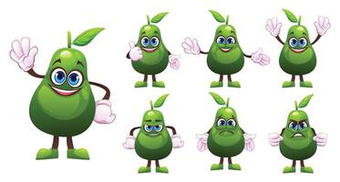 Set of cartoon avocado characters with various facial expressions and gestures. Illustration vector