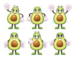 Set of cartoon avocado characters showing different expressions and actions. Illustration vector
