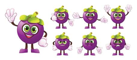 Set of cartoon mangosteen characters with different facial expressions and hand gestures. Illustration vector
