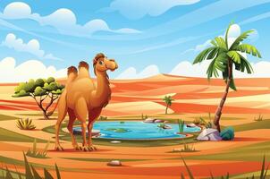 Camel standing near an oasis in the desert with sand dunes, trees, and clear sky. Cartoon illustration vector