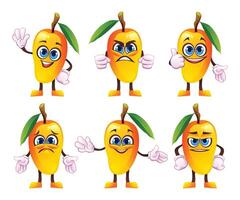 Set of cartoon mango characters with different emotions, showing gestures and facial expressions. Illustration vector