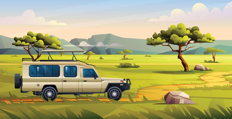Safari vehicle driving through a savanna trail with a mountainous backdrop and rocky terrain. Cartoon landscape illustration