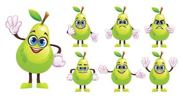 Set of cartoon pear characters with various facial expressions and gestures. Illustration vector