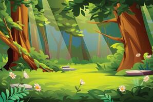Serene forest scene with a peaceful atmosphere, trees, and soft light rays shining through the leaves. Cartoon landscape illustration vector