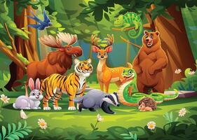 Jungle forest scene with animals like moose, rabbit, tiger, and more. Cartoon character illustration vector