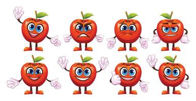 Set of cartoon apple characters with various expressions and poses. Illustration vector