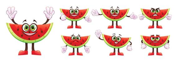 Set of cartoon watermelon slice characters showing different facial expressions and hand gestures. Illustration vector