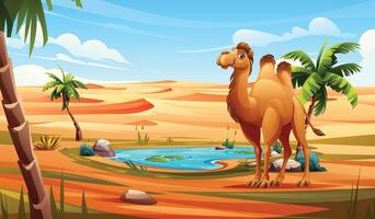 Camel in a desert landscape with sand dunes and a small oasis surrounded by palm trees. Cartoon illustration vector