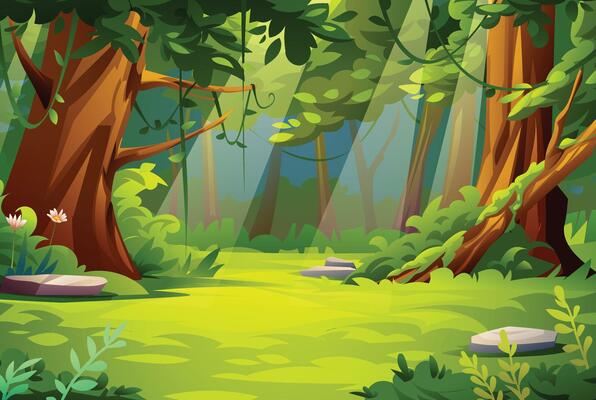 Jungle forest scene with a peaceful atmosphere, trees, and soft light rays shining through the leaves. Cartoon landscape illustration
