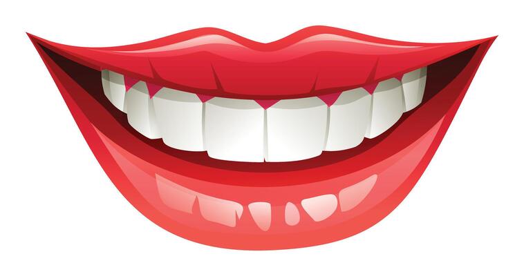 Smiling mouth with white teeth and red lips, close up. Cartoon illustration