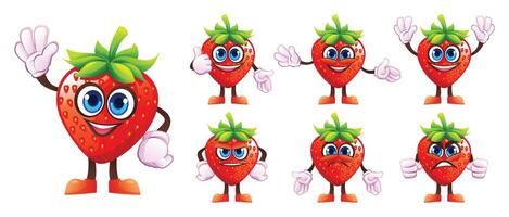 Set of cartoon strawberry characters with different facial expressions and hand gestures. Illustration vector