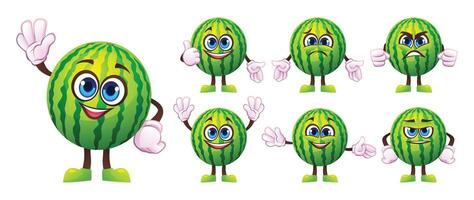 Set of cartoon watermelon characters with various expressions and actions. Illustration vector