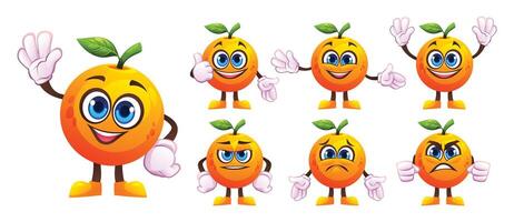Set of cartoon orange characters with various facial expressions and gestures. Illustration vector