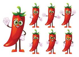 Set of cartoon chili pepper characters with various expressions and hand gestures. Illustration vector