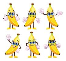 Set of cartoon banana characters showing various expressions and poses. Illustration vector