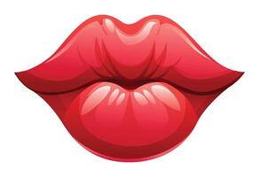 Glossy red lips with shiny, showing a close up view of a kiss, plump appearance. Cartoon illustration vector