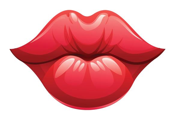Glossy red lips with shiny, showing a close up view of a kiss, plump appearance. Cartoon illustration