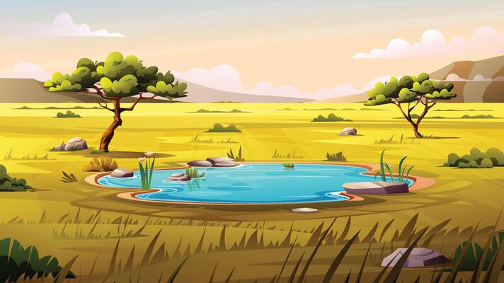 Serene waterhole in the savanna, with trees and rocks surrounding the water. Cartoon landscape illustration