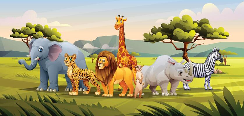A group of animals including elephant, giraffe, lion, meerkat, zebra, and rhinoceros on the savanna. Cartoon illustration