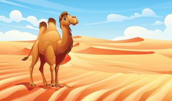 Peaceful desert scene with a camel and sand dunes in the background. Cartoon illustration vector