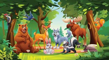 Jungle forest scene with various animals, including bear, deer, rabbit, and more. Cartoon character illustration vector