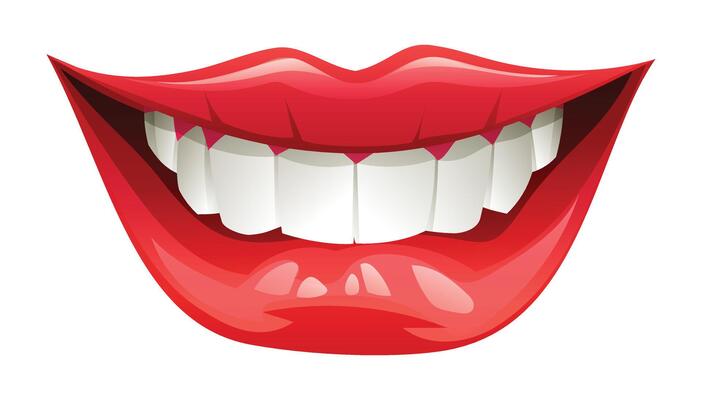 Smiling mouth with white teeth and red lips, close up, slightly biting the lower lip. cartoon illustration