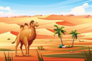 A camel standing in a desert with palm trees, dunes, and sparse vegetation. Cartoon illustration vector