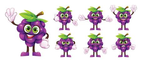 Set of cartoon grape characters showing various emotions and gestures. Cartoon illustration vector