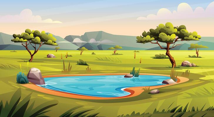 Savanna waterhole surrounded by rocks, trees, and grasses in a scenic landscape. Cartoon illustration