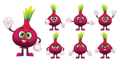 Set of cartoon onion characters showing different facial expressions and hand gestures. Illustration vector