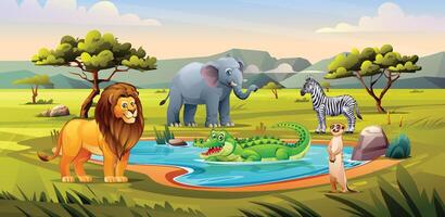 A lion, zebra, crocodile, elephant, and meerkat gather around a watering hole in a savanna setting with trees. Cartoon illustration. vector