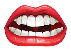 Close up of a mouth with red lips and white teeth, slightly open, showing an angry expression. Cartoon illustration isolated on white background vector