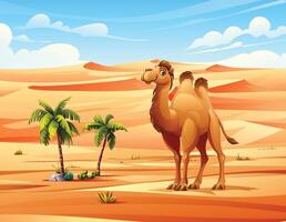 A camel standing in the middle of a desert with dunes, palm trees, and clear sky. Cartoon illustration vector