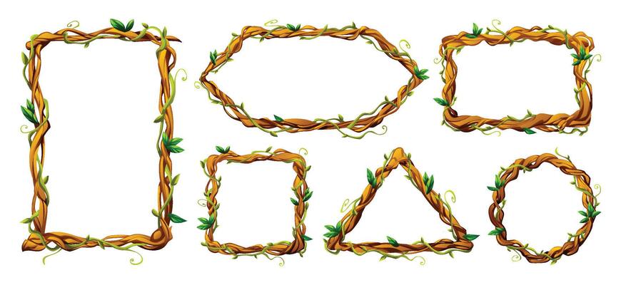 Liana vine frames featuring different shapes with leaves and natural textures. Perfect for nature inspired graphics. Cartoon illustration