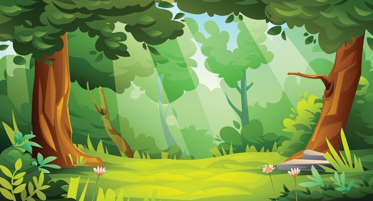 Beautiful forest landscape with trees and vegetation. Cartoon illustration