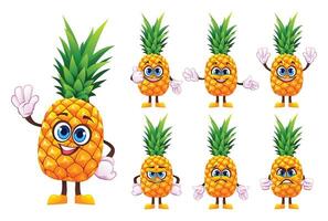 Set of cartoon pineapple characters showing various facial expressions and hand gestures. Illustration vector