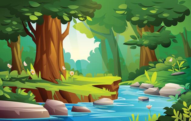 Beautiful forest landscape with river, trees, and lush vegetation. Cartoon illustration