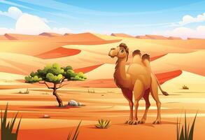 A camel in the vast desert with dunes and sparse vegetation. Cartoon illustration vector