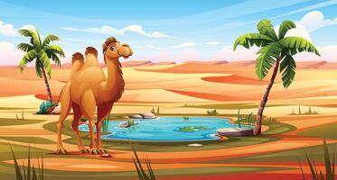 Camel standing near an oasis in the desert with sand dunes, palm trees, and clear sky. Cartoon illustration vector