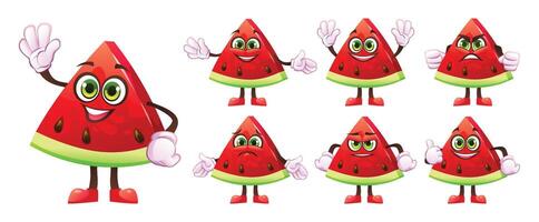 Set of cartoon watermelon slice characters displaying different emotions and hand gestures. Illustration vector