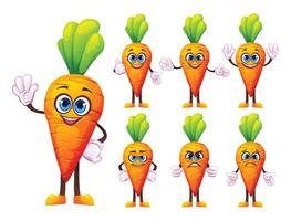 Set of cartoon carrot characters displaying different emotions and hand gestures. Illustration vector