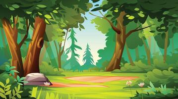 Peaceful forest scene with greenery, trees, and foliage in a bright, open area. Cartoon landscape illustration vector