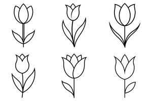 Simple black line art tulip icons with curved stems. vector