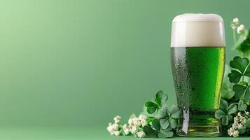 Refreshing green beer with shamrocks and dew on st. patrick's day celebration photo