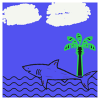 Shark Swimming in Ocean with Palm Tree and Clouds png
