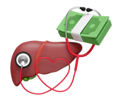 3d realistic human liver with stethoscope, banknote stack isolated. health check cost concept, 3d illustration render png