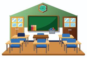 Empty classroom interior with desks and chalkboard. vector