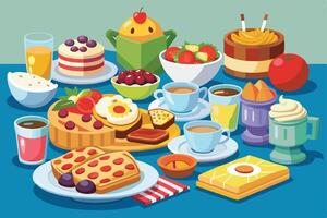 Colorful array of breakfast foods on a table, perfect for a cheerful and appetizing stock photo. vector