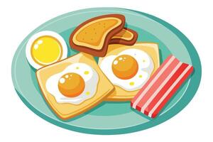 Delicious breakfast plate with eggs, bacon, and toast. vector